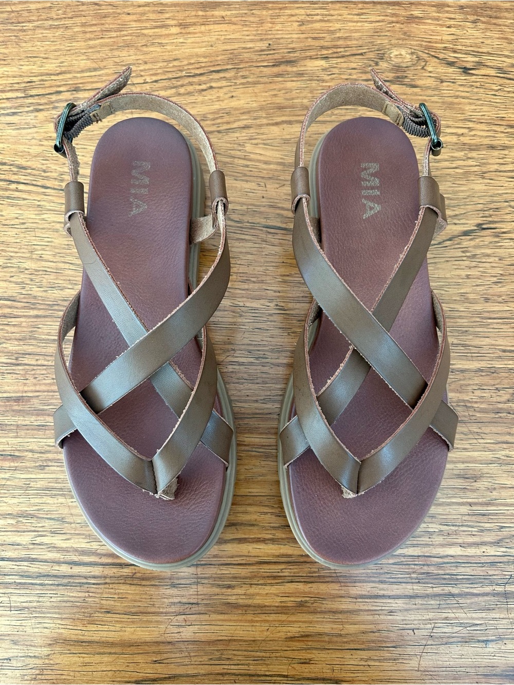 MIA Tan Brown Strappy Faux Leather Comfort Flat Sandals Sz. 7.5-8